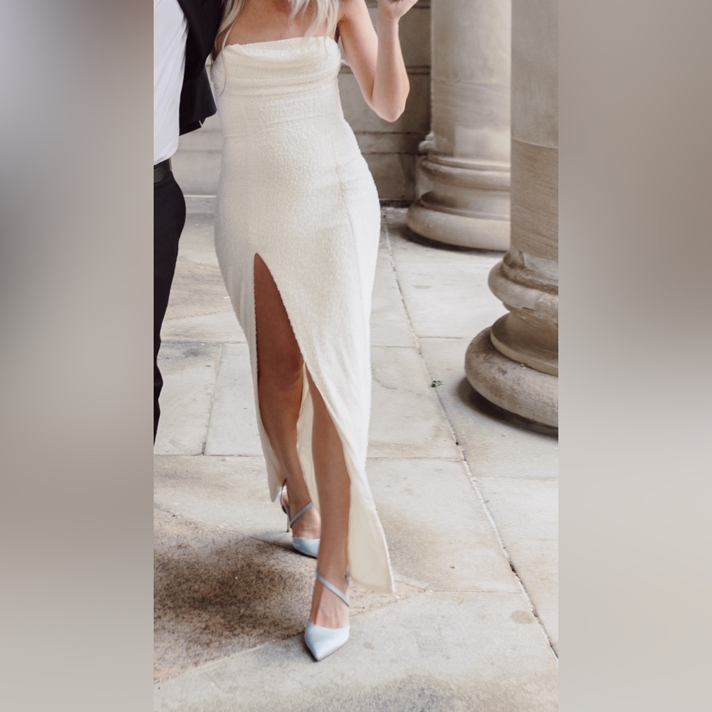 Oh Polly La Rochette Embellished Bandeau Cowl Neck Maxi Dress in Ivory